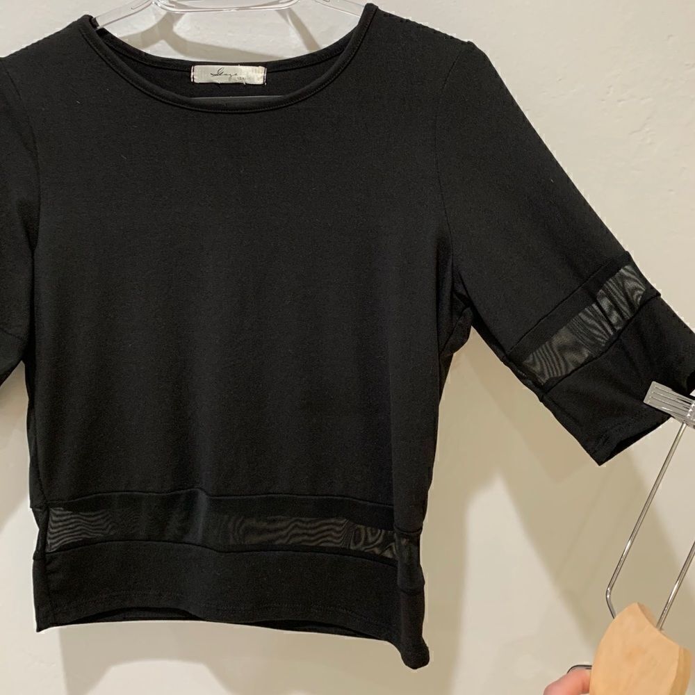 GAZE urban outfitters  black short sleeve crop top with sheer mesh panel small - Picture 2 of 10